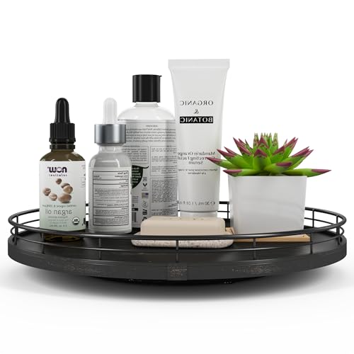 13 Inch Oak Lazy Susan Vanity Tray with Black Brushed Gold Finish Rail