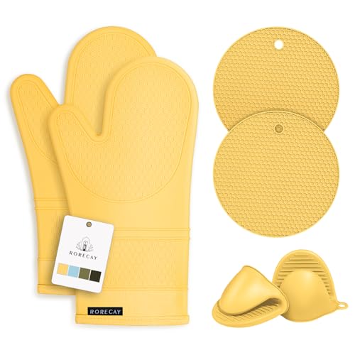 Silicone Oven Mitts and Pot Holders Sets (Yellow)