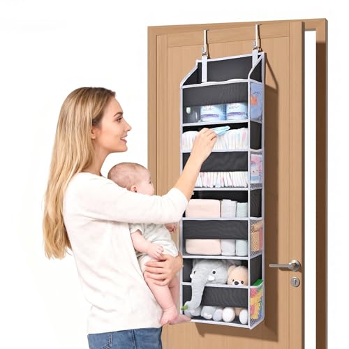 1 Pack Small Over Door Organizer with 4 Large Pockets 8 Mesh Side Pockets (Dark Grey / 1 Pack-4 Tier)
