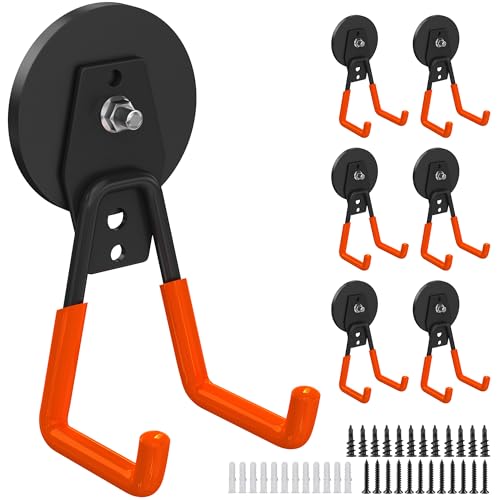 6Pcs Heavy Duty Storage Magnetic Utility Hooks Large Garage Strong Extra Magnet Hooks Hanger with Anti (2.6" Magnet-6 Pack-Orange)