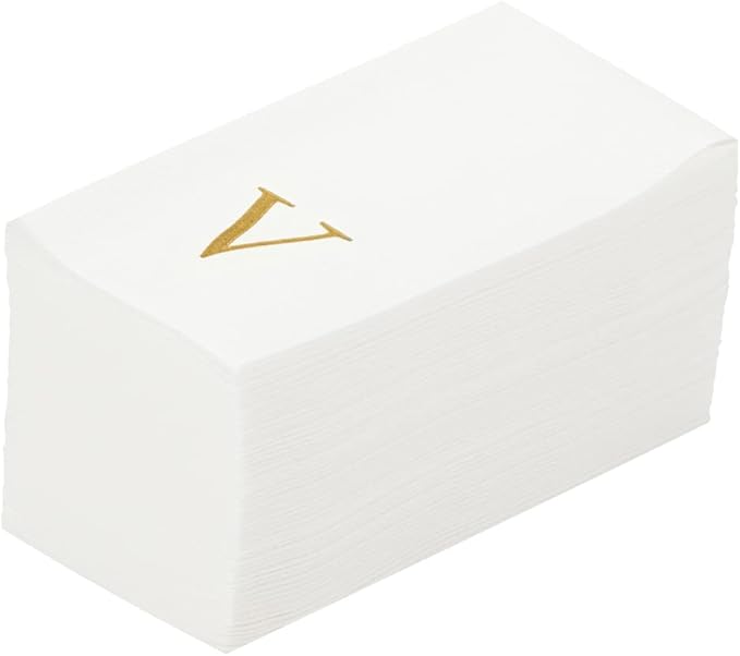 Luxenap 15.8 X 7.9 Inch Linen-Feel Guest Towels, 50 Lettered Hand Towels - Gold Letter 'V', Sans Serif Font, White Paper Dinner Napkins, airlaid, For Restrooms And Tables