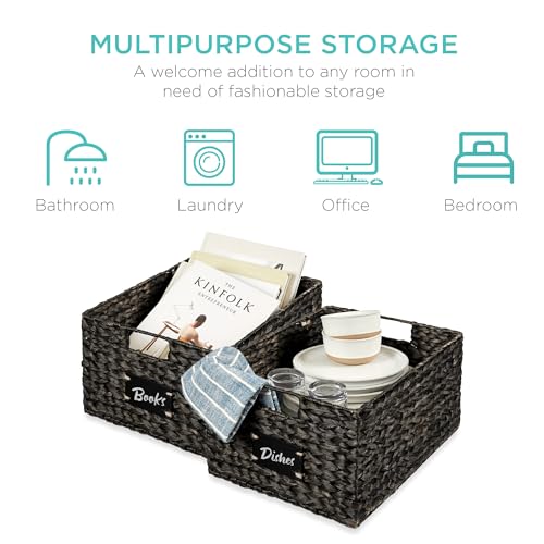 Pantry Baskets Set of 2 16x12in Water Hyacinth Storage Baskets (12x16x8in / Black)