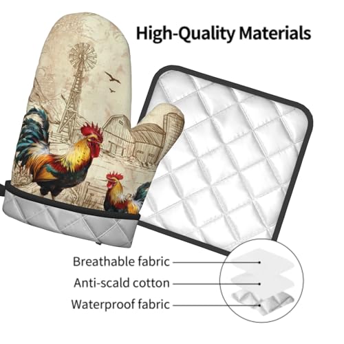 Farm Rooster Oven Mitts and Pot Holder Set of 2 Rustic Chicken Kitchen Potholders Heat Resistant Oven Glove for Baking Cooking Grilling BBQ (Farm Rooster)