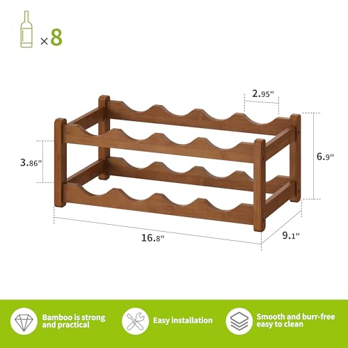Bamboo Wine Rack Wine Storage Cabinet Shelf 8 Bottle Wine Racks Countertop Sturdy for Kitchen Dining Room Pantry (Brown / 2 Tier)