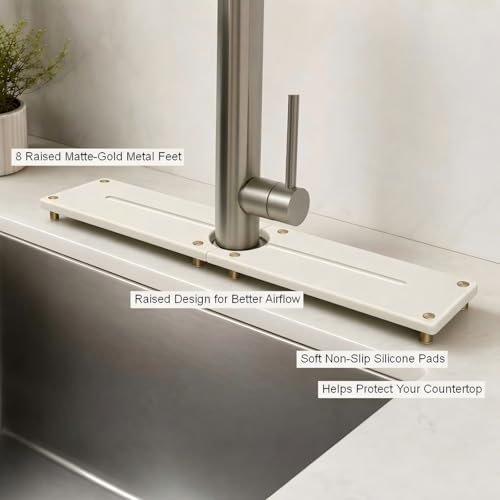 2PCS Stone Faucet Mat for Kitchen Sink (24"x 4" - White - Gold)