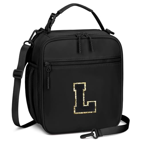 Lunch Box Kids Large Initial Insulated Lunch Bag for Girls (Black / L)