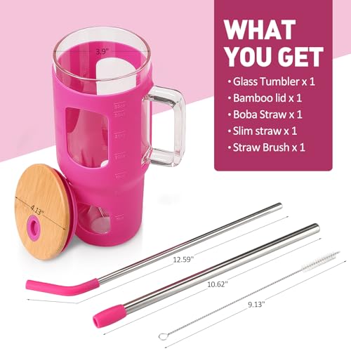 Glass Tumbler with Straw & Lid (Rose Red / 32 Ounces)