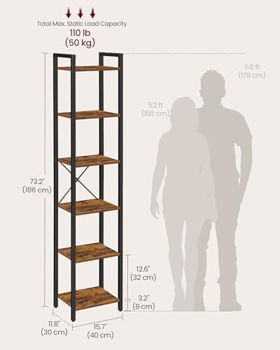 6 Tier Bookshelf (Rustic Brown + Ink Black / 6 Tiers (11.8"D x 15.7"W x 73.2"H))