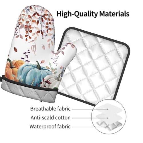 Fall Orange Pumpkin Oven Mitt Potholders Sets Eucalyptus Leaves Heat Resistant Oven Glove Set of 2 Kitchen Hot Pads for Cooking Baking BBQ (Fall Orange Pumpkin)