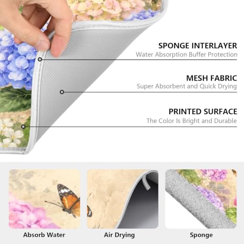 Vintage Flowers Spring Summer Dish Drying Mat for Kitchen Counter Absorbent Microfiber Hydrangea Butterfly Small Drying Pad Dish mats for Kitchen Countertops 16 x 18 Inch (Spring Vintage Flowers / 18" x 16")