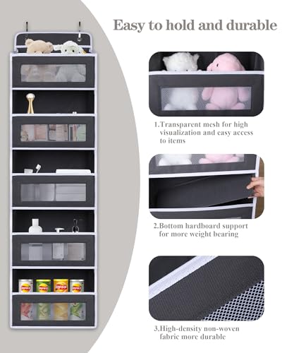 Over The Door Organizer 44LB Capacity with 5 Large Pockets & 10 Mesh Side Pockets (Dark gray)