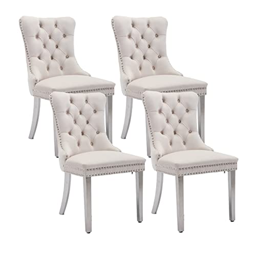 Beige Velvet Dining Chairs Set of 4 (Natural Beige)