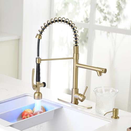 Commercial Kitchen Faucets with Pull Down Sprayer Brushed Gold LED (Brushed Gold)