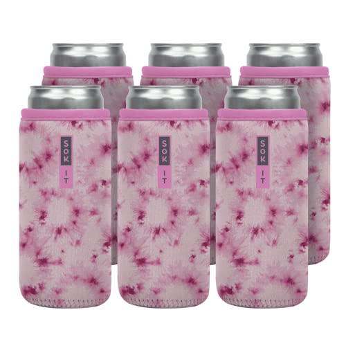 CanSok 6 Pack Sleeve for Beer & Soda Insulated Neoprene Cover (Pink Splash Tie Dye / 12oz Slim Can Sleeve - 6 Pack)