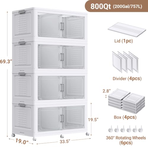 200Gal XL Stackable Storage Bins Foldable Box Cabinet for Room (White / 200QT-4Pack)