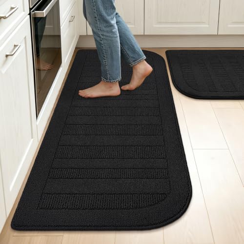 Kitchen Rugs Set of 2 Non Slip Washable 24"x36"+24"x60" (24" x 36" + 24" x 60" / Black)