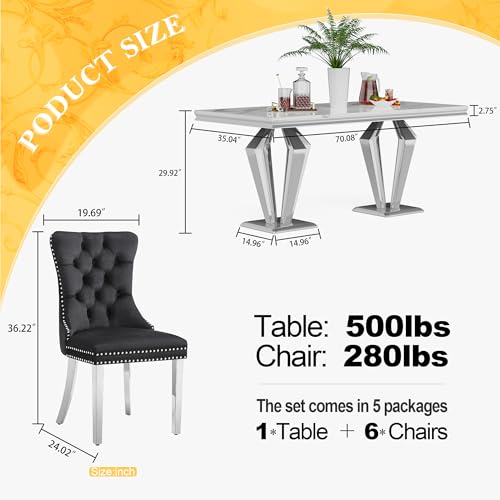 7 Piece Luxury Dining Room Set (Silver White + Black / Dining Table + 6 Velvet Chair)