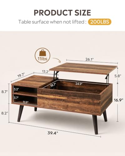Lift Top Coffee Table with Hidden Storage (Classic Brown / 39" with Shelf)