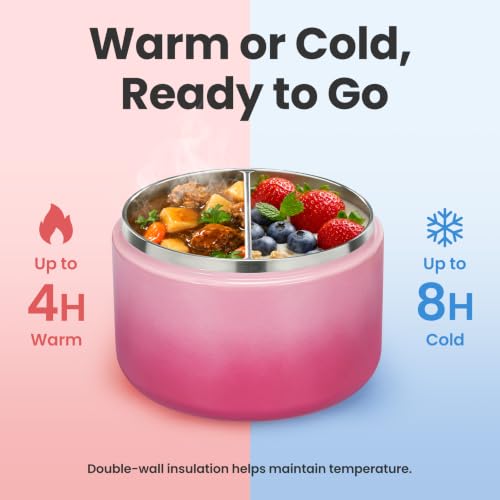 12oz Insulated Vacuum Food Jar with Buckle Lid Wide Mouth Soup Thermo for Hot Food Kids Leakproof Stainless Steel Lunch Container (Gradient Pink / 12OZ)