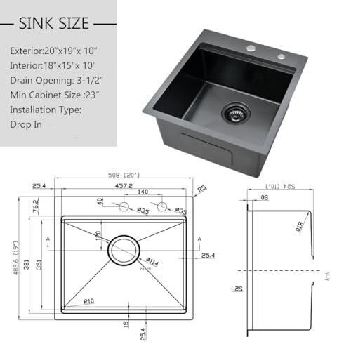 20 inch Black Drop in Bar Sink (20"L x 19"W x 10"D / Black（20*19 ）)