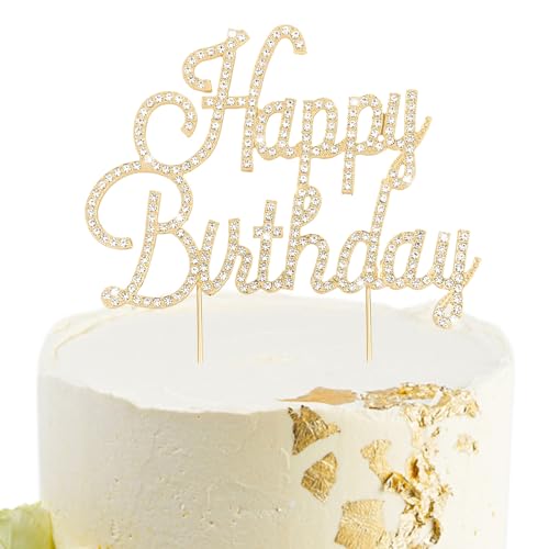Gold Happy Birthday Cake Topper Rhinestones Cake Decorations for Birthday Party (Happy Birthday- Gold)