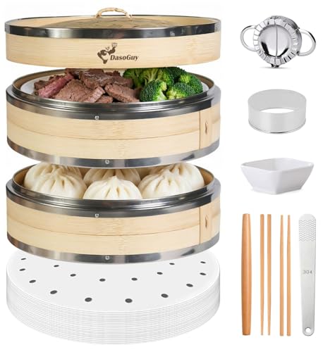 Bamboo Steamer Basket with Stainless Steel Rim 12 Inch Dumpling Steamer Kit (Bamboo Steamer / 12 Inch)