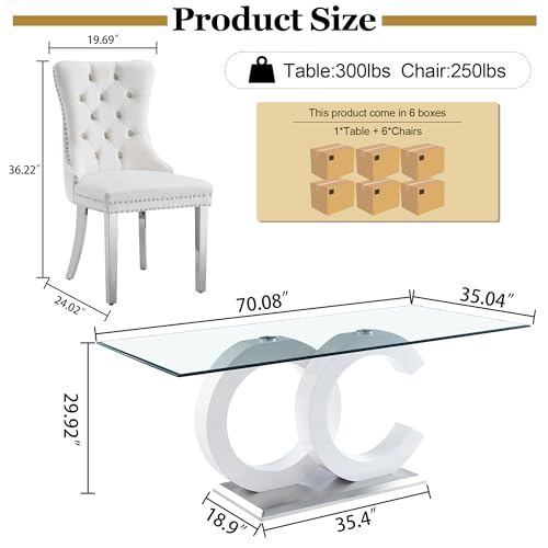 7 Piece Glass Dining Table Set for 6 (White Table & Silver White Chair / 7-Piece Set-OC-Shaped Table)