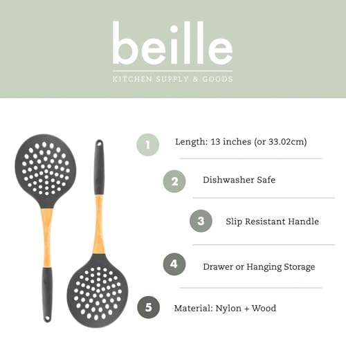 1pc Grey Nylon Skimmer Spoon with Soft Grip Ergonomic Wooden Handle Kitchen Utensils (Gray / Skimmer Spoon)