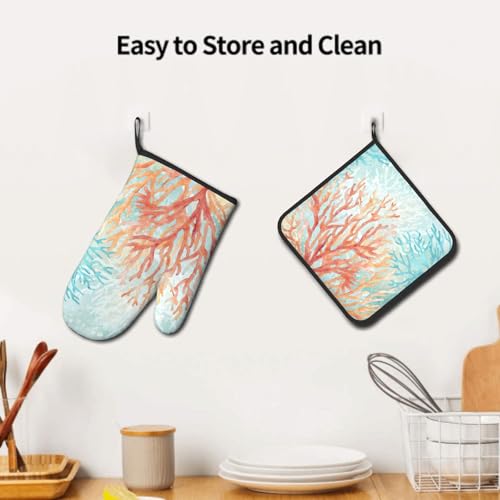 Coastal Coral Oven Mitts and Pot Holder Set of 2 Beach Ocean Heat Resistant Kitchen Oven Mittens Potholders for Baking Cooking Grilling BBQ (Coastal Coral)