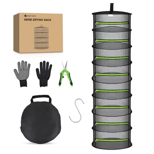 8 Layer Herb Drying Rack Hanging Mesh Foldable Plant Drying Racks 24" w Green Zipper Pruning Shears Gloves Dryer Hanging Rack for Herbs Seed Bud Fruit Clothes Grow Tent Closets Garden Outdoor