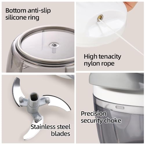 Manual Food Processor Vegetable Chopper 2.3 Cup Small Mini Hand Pull String Onion Chopper Garlic Mincer Cutter with 3 Stainless Steel Blades (White Grey - 2.3 Cup)