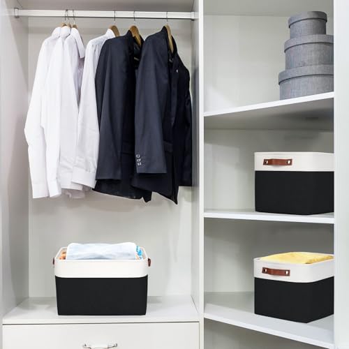 Storage Bins Large Fabric Storage Baskets for Shelves 3 Pack (Black / Off-White / Large -15"x11"x9.5")