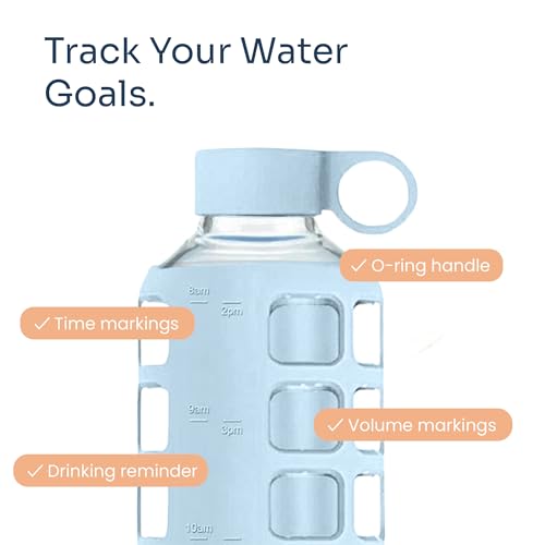 40oz / 32oz / 22oz / 12oz Borosilicate Glass Water Bottle with Time & Volume Markers, Silicone Sleeve, Stainless Steel Lid | Reusable Glass Bottle for Water & Juice (40oz Ice Blue) (Ice Blue (1 Count) / 40 Ounces)