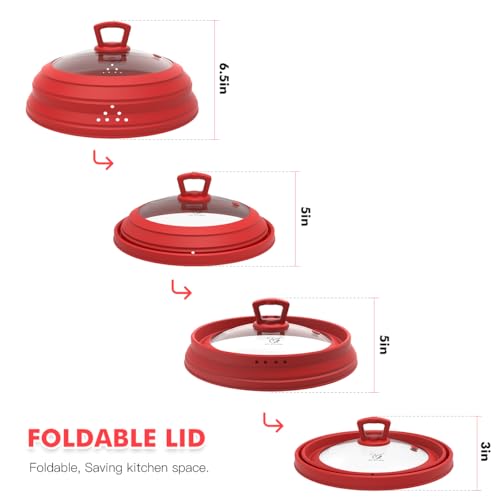 Microwave Splatter Cover Vented Glass Splatter Guard Lid with Collapsible Silicone for Food as Pot Cover 11.8 inch Large Plate for 6 7 8 9 10 11 inch Plate Bowl (Regular style 11.8 inch / Red)