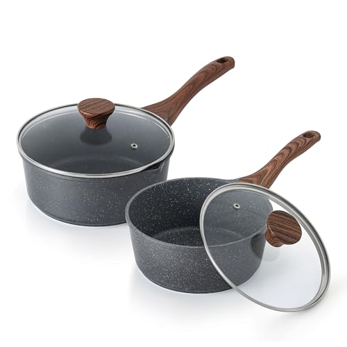 Nonstick Sauce Pan Set with Lid (Gray Granite / 2.0 + 3.0 Quarts)
