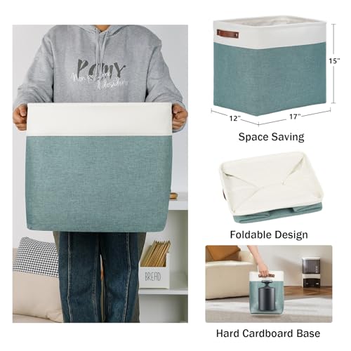 Large Rectangular Baskets for Blankets 51L Canvas Storage Baskets for Organizing 3 Pack Collapsible Baskets Bins for Organizing Home Office with Handles (White&Dark Green / XXL-17"x12"x15")