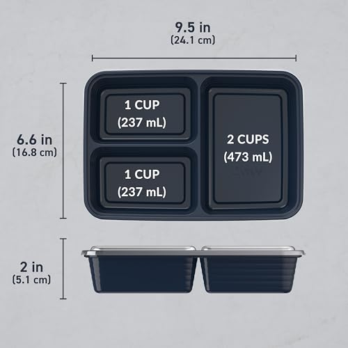 Prep 3 Compartment Meal Prep Containers with Lids (Navy Blue)