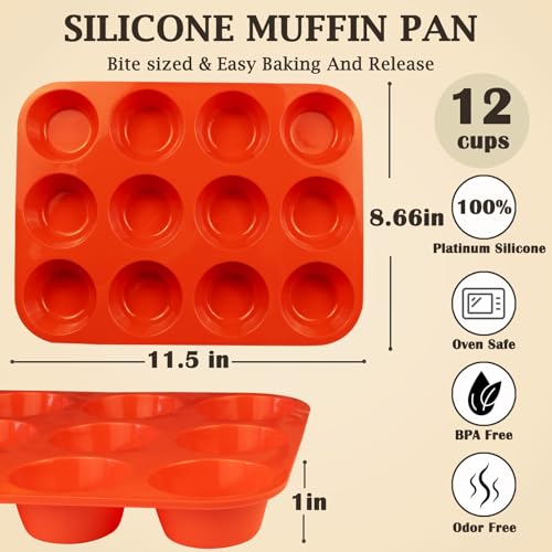 12 Cups Silicone Mini Muffin Pan Set (Set of 2--12 Cups (Red+Red))