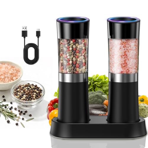 Gravity Sensor Salt and Pepper Grinder Set with Charging Base (Pure Black)