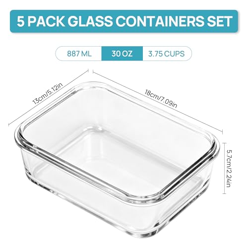 5Pack 30oz Glass Meal Prep Container Sets with Lids (Grey / 30oz)
