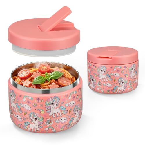12oz Insulated Vacuum Food Jar with Buckle Lid Wide Mouth Soup Thermo for Hot Food Kids Leakproof Stainless Steel Lunch Container (Pink-Horse / 12OZ)