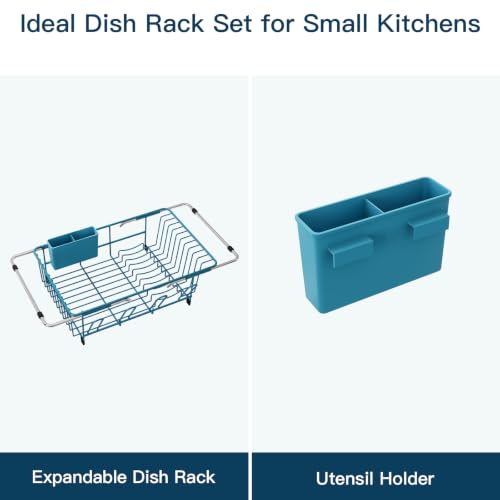 Blue Expandable Dish Drying Rack Over Sink with Anti (Blue / For 11.5"-16" W Sink with Cup Holder)