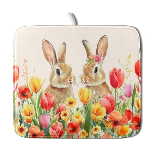Easter Bunny Dish Drying Mat 16x18 inch Spring Floral Drying Pad Holiday Absorbent Microfiber Dishes Drainer Protector for Kitchen Counter (Bunny Floral / 16" x 18")