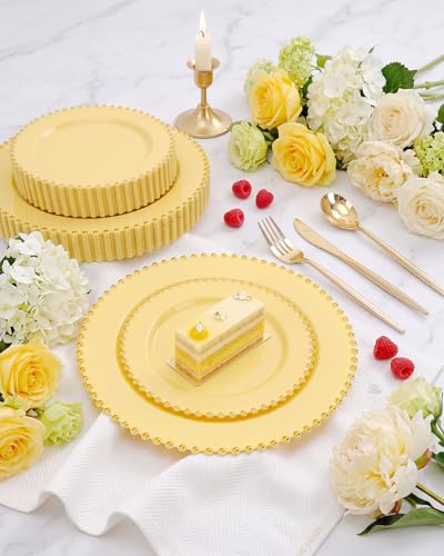 180PCS Yellow Gold Plastic Plates Set for 30 Guests Wedding Party (Yellow and Gold Plastic Dinnerware Set / 180PCS)