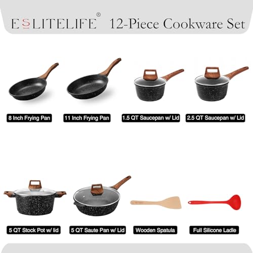Nonstick Cookware Sets (Black-12 Pcs Set)