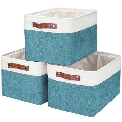 Storage Bins Large Fabric Storage Baskets for Shelves 3 Pack (Teal / Off-White / Large -15"x11"x9.5")
