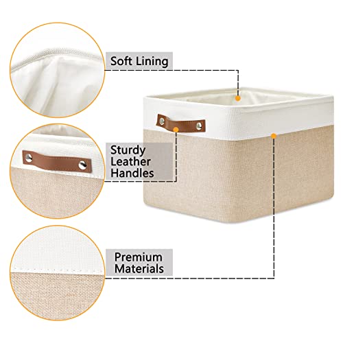 Fabric Storage Bins for Laundry (White&Khaki / L-15"x11"x9.5")