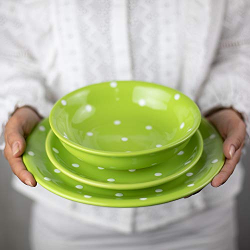 Handmade Lime Green and White Polka Dot Ceramic 12 piece Dinnerware Set