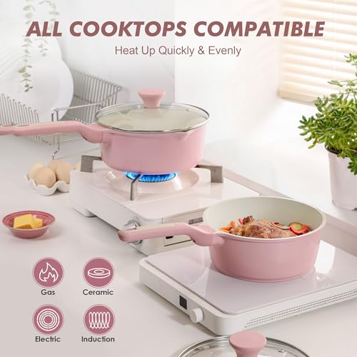 2QT Ceramic Nonstick Saucepan with Lid (Sakura Pink / 2 Quarts)