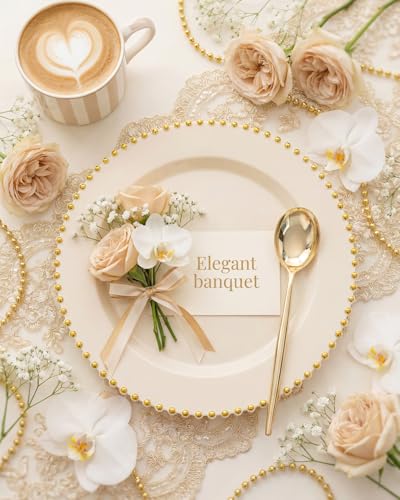 180Pcs Elegant Ivory Gold Plastic Dinnerware Set for Wedding (Ivory and Gold Plastic Dinnerware Set / 180PCS)